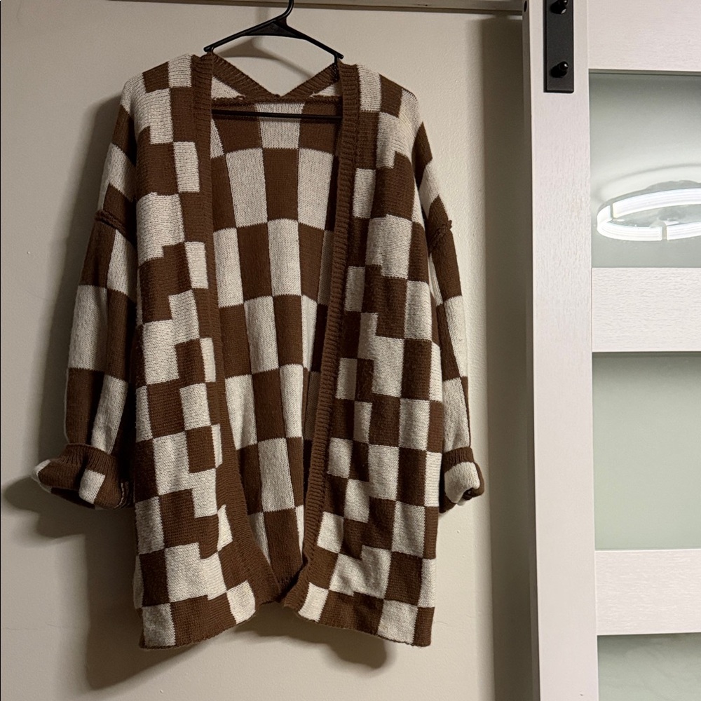 Brown and White Checkered Women's Cardigan